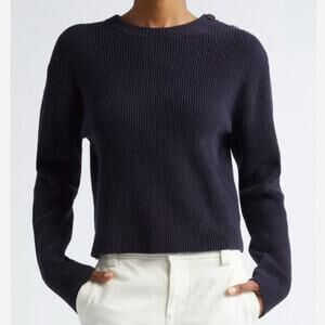 NEW Size Medium Vince Coastal Blue Button Shoulder Cotton Blend Crewneck Sweater